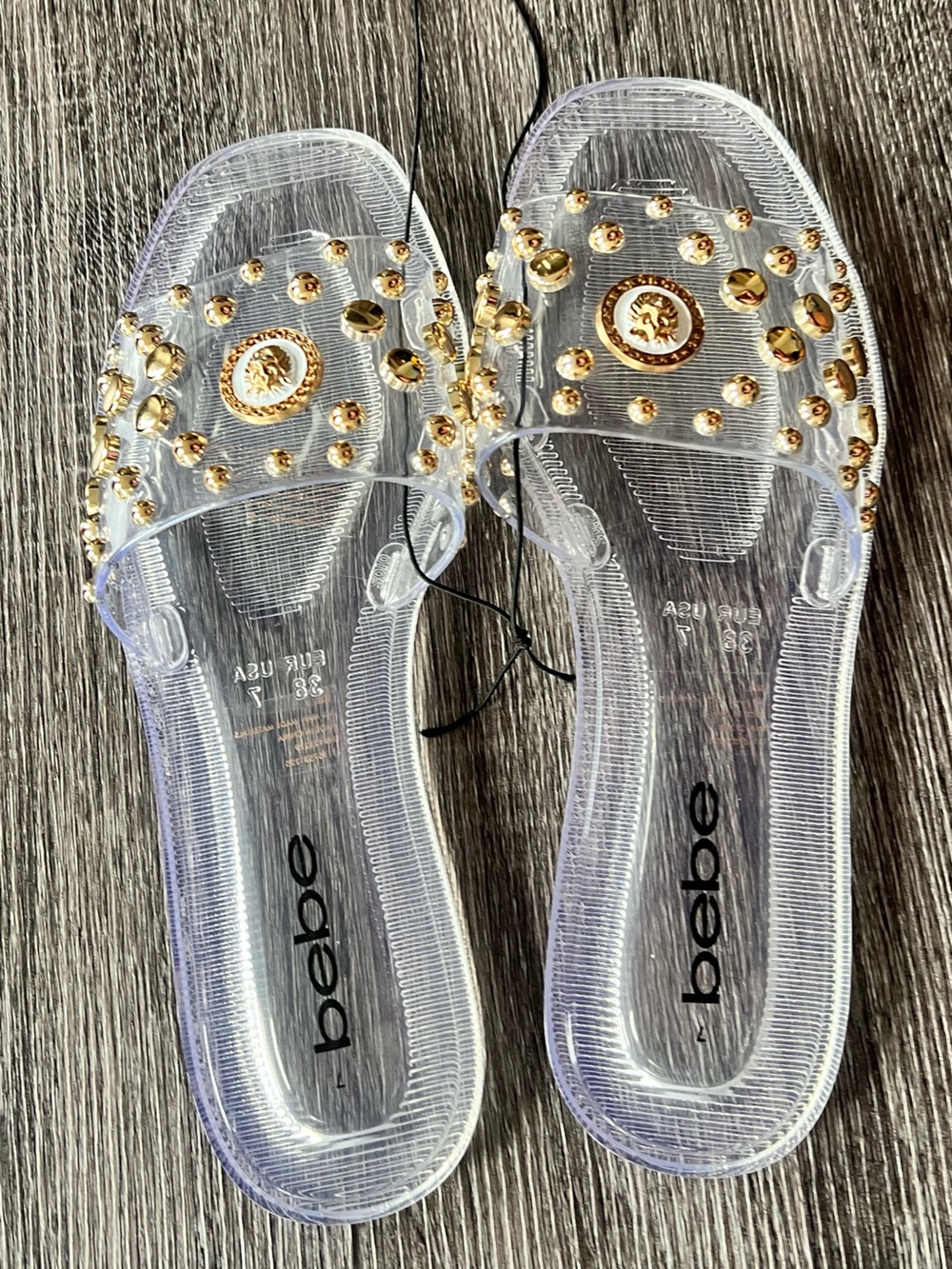 bebe Clear Jelly Slide Sandals with Gold Stud Accents | Size 7
